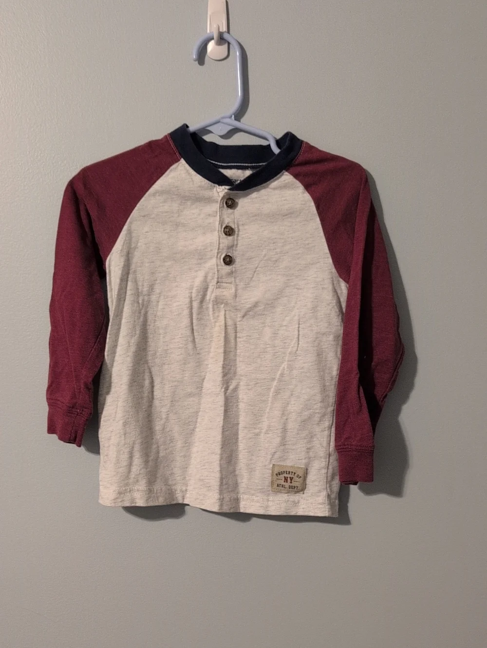 Carter's Raglan Henley Shirt in Cream and Burgundy with Navy Trim